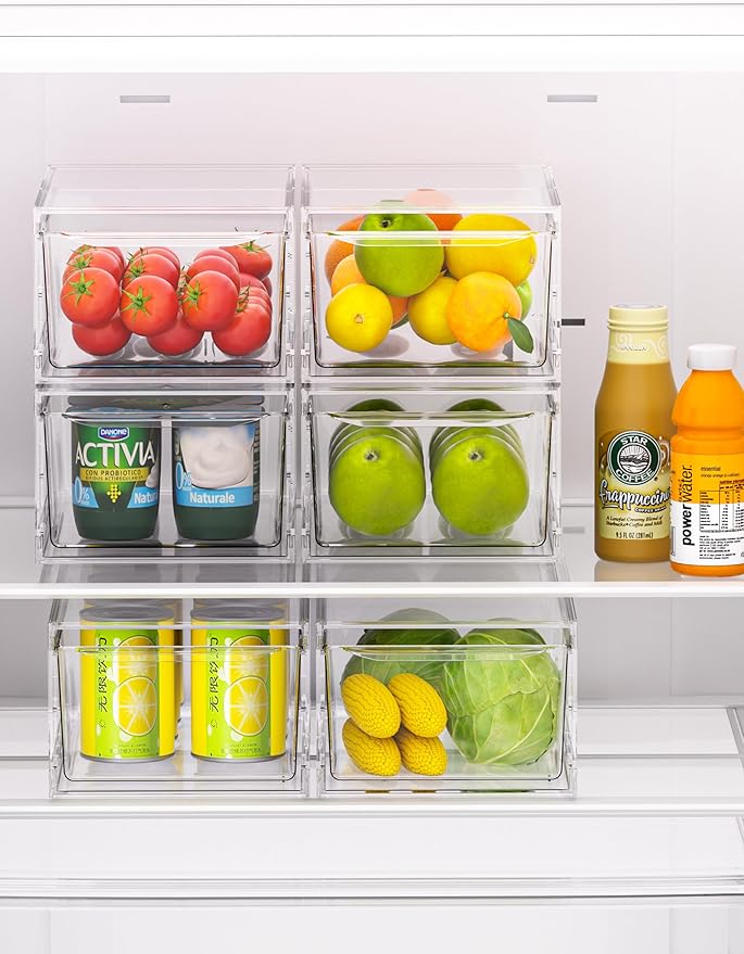 WRRLORS 6 Pack Stackable Storage Drawers,Clear Fridge Organizer with Handles and Movable Dividers,Pull-Out Acrylic Drawer Organizer for Pantry, Bathroom,Kitchen Undersink,Cabinet