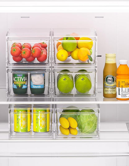 WRRLORS 6 Pack Stackable Storage Drawers,Clear Fridge Organizer with Handles and Movable Dividers,Pull-Out Acrylic Drawer Organizer for Pantry, Bathroom,Kitchen Undersink,Cabinet