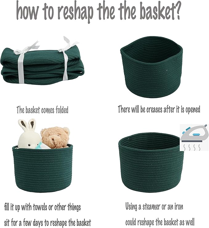 Woven Cotton Storage Baskets - 3-Pack Round Bins (10x10x7'') for Shelves, Closets & Bookcases | Durable Rope Organizers for Nursery, Baby, Toys, Easter & More (dark green)