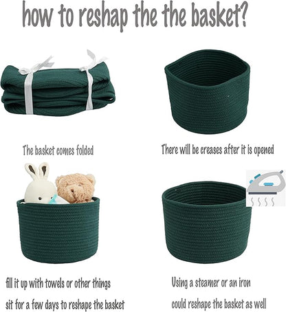 Woven Cotton Storage Baskets - 3-Pack Round Bins (10x10x7'') for Shelves, Closets & Bookcases | Durable Rope Organizers for Nursery, Baby, Toys, Easter & More (dark green)