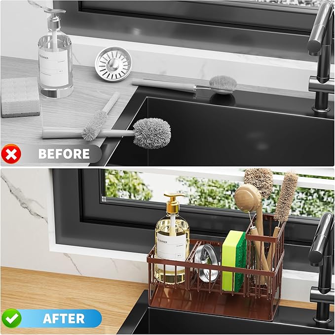 Cisily Kitchen Sink Caddy, Sponge Holder for Kitchen Sink, Kitchen Sink Organzier and Storage with High Brush Holder, Rustproof 304 Stainless Kitchen Gadgets Sink Accessories(Brown)