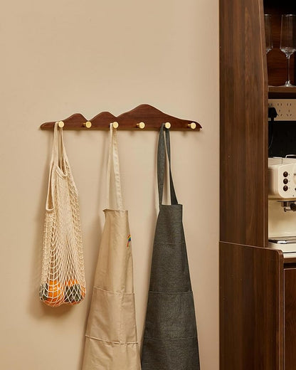 Wood Coat Hooks Wall Mount - Wooden Coat Rack with 6 Gold Brass Hooks for Entryway Bathroom Bedroom, Modern Decorative Wall Hooks Heavy Duty Organizer for Hanging Clothes Hats Bags Robes Towels Purse