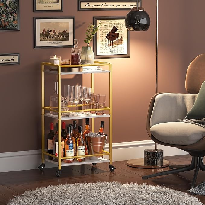 Lifewit Bar Cart for The Home, 3 Tier Rolling Wine Cart, Drink Serving Cart with Lockable Wheels, Mini Liquor Utility Cart for Dining Living Room, 43 x 30 x 81.5 cm/17x 11.8 x 32.1 inch, Gold