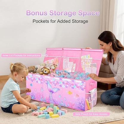 Unicorn Castle Toy Box with Adjustable Divider Toy Chest Storage Large Toy Storage Organizer Bin Collapsible with Lid Pockets for Nursery Playroom,Pink Purple Mermaid