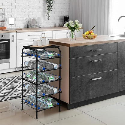 Vrisa 5 Tier Water Bottle Storage Rack Vertical Freestanding Bottled Water Organizer Large Capacity Beverage Drink Soda Can Holder Stand for Kitchen Pantry Home Party Food Storage, Black