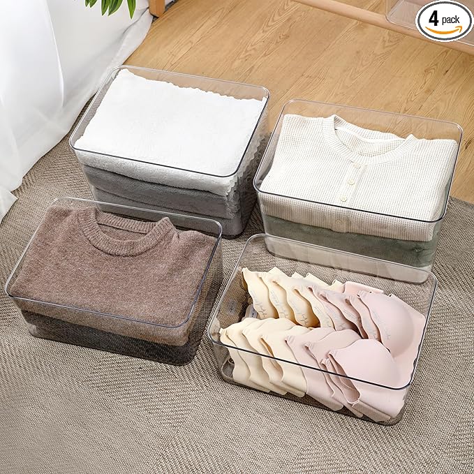 4 Large Lidded Plastic container, Clear Stackable Storage Boxes for Cabinets, Organization and Storage for Shelves Office Bathroom