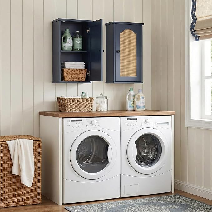 OONNEE Over The Toilet Storage Cabinet, Above Toilet Organizer with Rattan Door, Modern Blue Finish, 13x25 inch Space Saving Bathroom Medicine Cabinet