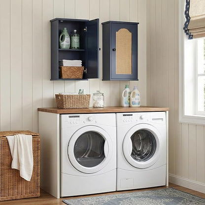 OONNEE Over The Toilet Storage Cabinet, Above Toilet Organizer with Rattan Door, Modern Blue Finish, 13x25 inch Space Saving Bathroom Medicine Cabinet