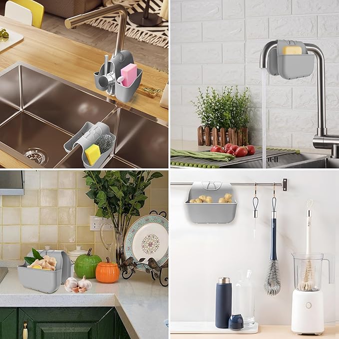 VPASION Sponge Holder for Kitchen Sink, Silicone Sink Saddle Caddy Organizer Rack, Sponges Holder Over Faucet, Hanging Kitchen Organizer Accessories Rack Basket Gray