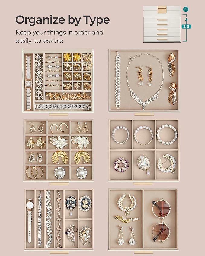 SONGMICS Jewelry Box Organizer with Glass Lid, 6-Layer Jewelry Storage, with 5 Drawers, Modern Style, 8 x 9.1 x 9 Inches, Cloud White and Gold Color UJBC176W01