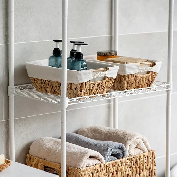 JS HANGER Wicker Storage Basket with Washable Liners, Metal Frame, Set of 2, 12.6"L x 8.7"W x 4.3"H, Water Hyacinth Woven Basket for Pantry, Toilet, Bathroom, Bedroom, Patio, Natrual