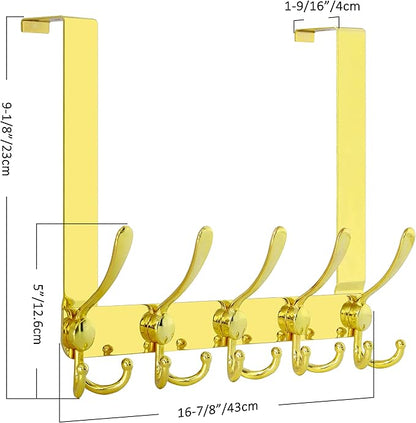 SKOLOO Over The Door Hook - for Doors up to 1-3/4'' Thickness, Pack of 2, Metal Door Hanger with 5 Triple Hooks, Over The Door Hanger for Coats, Hats,Towels, Gold, Assembly Required