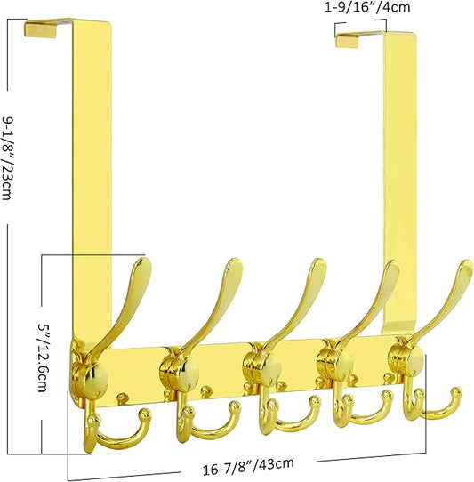 SKOLOO Over The Door Hook - for Doors up to 1-3/4'' Thickness, Pack of 2, Metal Door Hanger with 5 Triple Hooks, Over The Door Hanger for Coats, Hats,Towels, Gold, Assembly Required