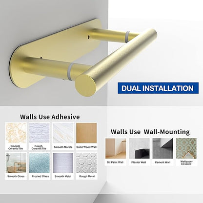 RUACQ Toilet Paper Holder, Self-Adhesive or Wall Mount, SUS304 Stainless Steel Rustproof Stick on Toilet Paper Roll Holder, No Drilling Bathroom Tissue Holder, Modern Pivoting Design (Brushed Gold)