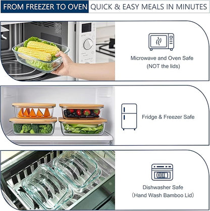 DE Glass Food Storage Containers with Bamboo Lids – 4 Pack (12oz/21oz/35oz/51oz) – BPA-Free Borosilicate Glass Meal Prep Boxes – Oven, Microwave, Freezer Safe – Stackable & Airtight