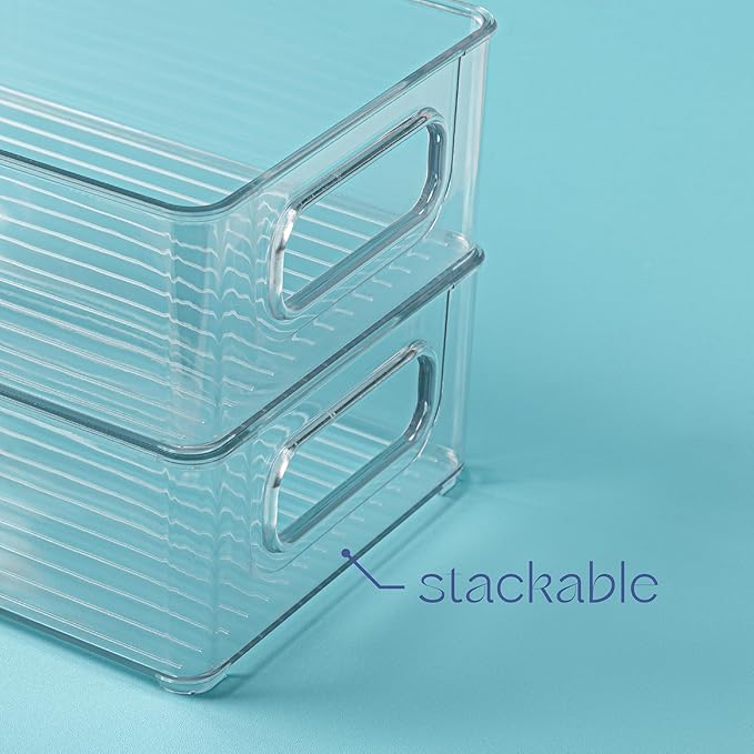 primebox Plastic Food Storage 6 Pack Clear Container Bin with Handles for Organizing Kitchen, Pantry, Refrigerator, Freezer, Pantry, Cabinet, Closet, Bathroom. Stackable 10”x6”x3”