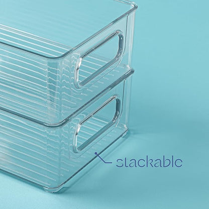 primebox Plastic Food Storage 6 Pack Clear Container Bin with Handles for Organizing Kitchen, Pantry, Refrigerator, Freezer, Pantry, Cabinet, Closet, Bathroom. Stackable 10”x6”x3”
