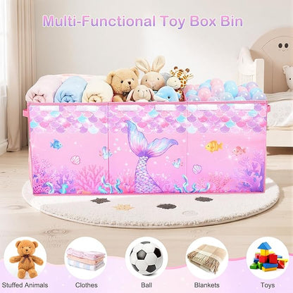 Unicorn Castle Toy Box with Adjustable Divider Toy Chest Storage Large Toy Storage Organizer Bin Collapsible with Lid Pockets for Nursery Playroom,Pink Purple Mermaid