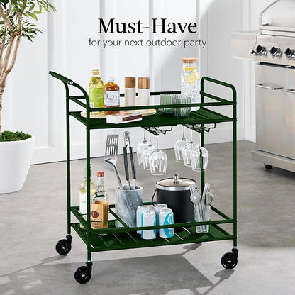 Best Choice Products Rolling Bar Cart, Mobile Home Bar Serving Cart, Serving Station w/ 2 Tier Shelves, Wine Rack, Lockable Wheels - Deep Green