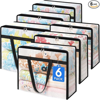 TasticTotes 6 Pack Clear Storage Bags for Comforter, Clothes & Bedding, Plastic Blanket Storage with Zipper and Handle, Moving Bags, Closet Organizer and Under-Bed Storage (90L)