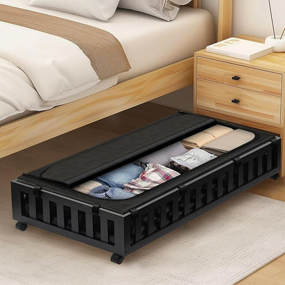 Gashell 2 Pack Bamboo Under Bed Storage with Wheels, 39”x20”x7.8” Lager Under Bed Storage Containers (Black)