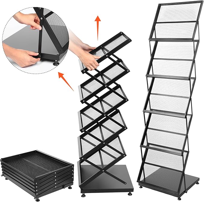 Brochure Display Stand 5-Tier Foldable Magazine Rack Portable Double A4 Size Literature Brochure Holder Magazine Rack Metal 10 Pockets with Carrying Bag for Trade Show Exhibition Office