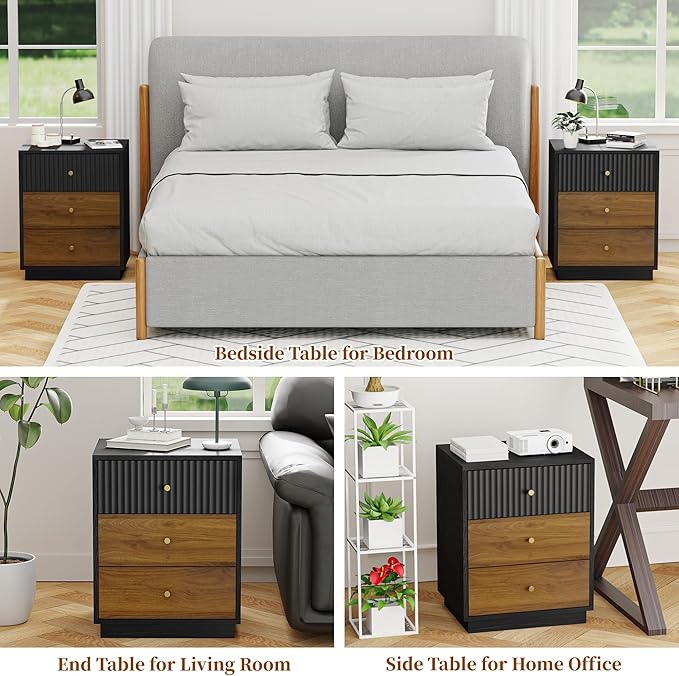 23.6" Tall Night Stand with 3 Storage Drawers, Fluted Nightstand with Metal Handles, Modern End Table Bedside Table Chest for Bedroom, Black and Walnut