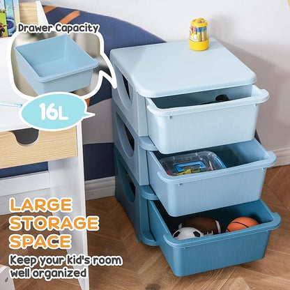 Qaba 3 Tier Kids Storage Unit, Toy Organizers and Storage with 3 Drawer Chest for Kids Bedroom Nursery Kindergarten Living Room for Boys Girls Toddlers, Blue