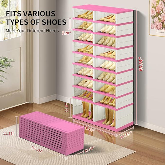 CIMLORD 9-Tier Foldable Shoe Rack Organizer for Closet,36 Pairs Collapsible Plastic Shoe Shelf,Large Shoes Cabinet with Door,Clear Stackable Storage Box Easy Assembly（White-Pink）