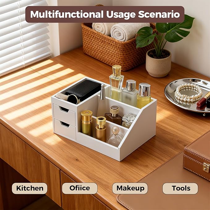 UUyuality Countertop Perfume & Makeup Organizer - Wooden Rack, Cologne Stand Shelves & Skincare Organizer for Bedroom Dresser, Organizador de Perfumes Estante para Perfumes (Middle, 01) (White, 01)
