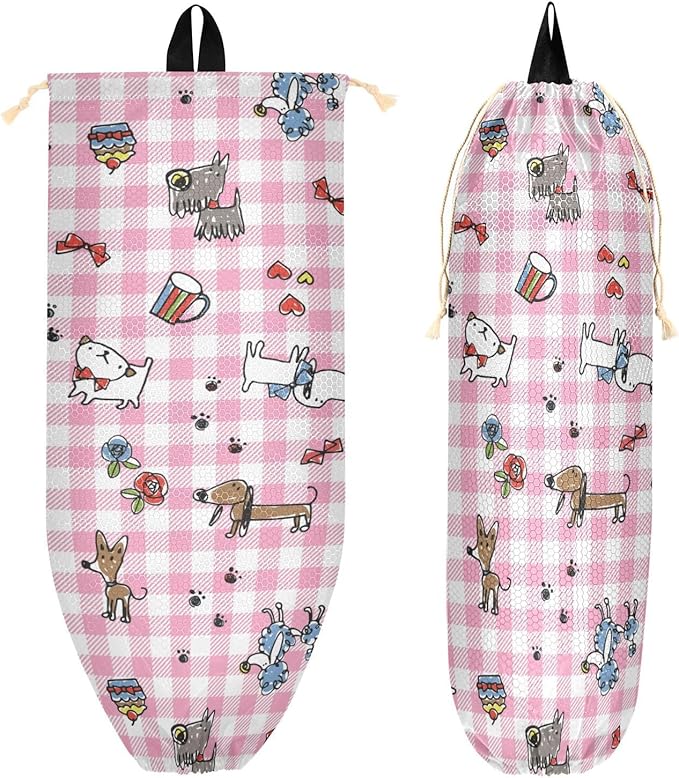 1 PC Plastic Bag Holder Wall Mount Grocery Bag Holder Shopping Bag Trash Bag Storage Organizer Dispenser for Kitchen Closet 22 x 9 Inch Cute Dogs