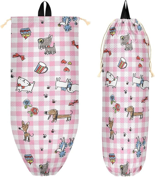 1 PC Plastic Bag Holder Wall Mount Grocery Bag Holder Shopping Bag Trash Bag Storage Organizer Dispenser for Kitchen Closet 22 x 9 Inch Cute Dogs