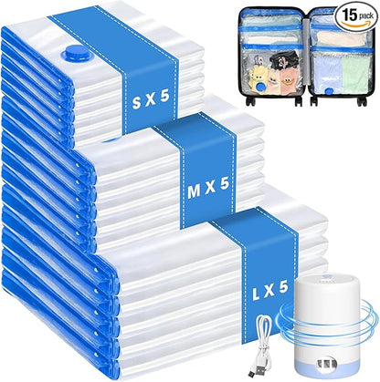 Eunhdet 15 Pack Travel Vacuum Storage Bags with USB Electric Pump, Combo Space Saver Vacuum Seal Bags for Clothing Travel Vaccine Sealed Storage Bag for Comforters Blankets Clothes Suitcase, Clear