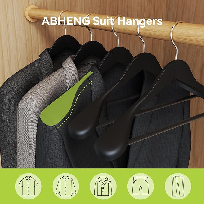 ABHENG Solid Wood Suit Hangers, 6 Pack, Coat Hangers with Non Slip Trouser Bar, 360° Swivel Hook, Heavy Duty Wide for Suit, Coat, Jacket, Trousers, Pants,17.3" W x 9" H, Black AWY0406B