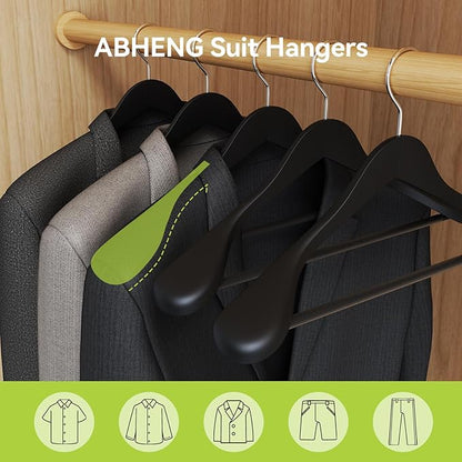 ABHENG Solid Wood Suit Hangers, 6 Pack, Coat Hangers with Non Slip Trouser Bar, 360° Swivel Hook, Heavy Duty Wide for Suit, Coat, Jacket, Trousers, Pants,17.3" W x 9" H, Black AWY0406B