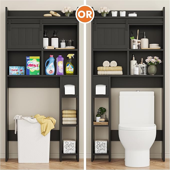 Semoic Over The Toilet Storage Cabinet, Over The Toilet Shelf with Sliding Door & Toilet Paper Holder Stand, Bathroom Above Toilet Storage, Home Space-Saving Toilet Rack for Bathroom, Restroom, Black