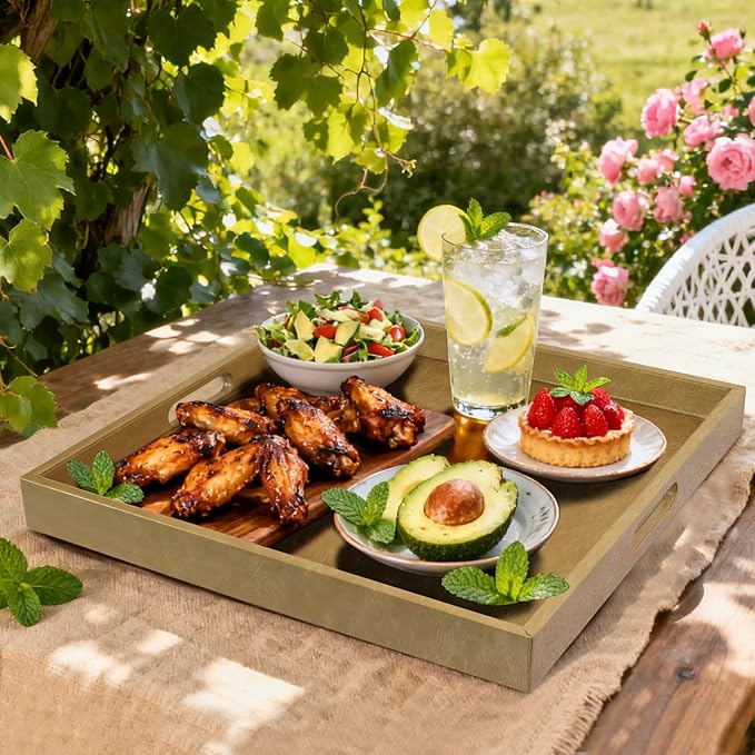 20 * 20 inches Leather Square Serving Tray with Hole Handles,High-End Light Large Service Tray for Ottoman Tray, Tea, Food, Butler - Countertop, Kitchen,Family Dinner, Picnic (Brown)