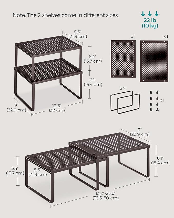 SONGMICS Spice Racks, Set of 2 Metal Cabinet Shelf Organizers, Countertop Organizers, Shelf Risers, Stackable, Expandable, Brown UKCS01BR
