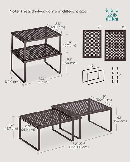 SONGMICS Spice Racks, Set of 2 Metal Cabinet Shelf Organizers, Countertop Organizers, Shelf Risers, Stackable, Expandable, Brown UKCS01BR