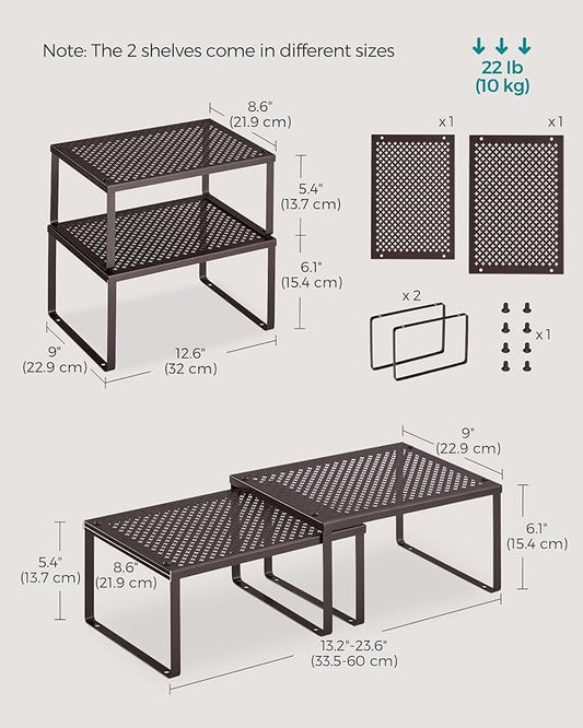 SONGMICS Spice Racks, Set of 2 Metal Cabinet Shelf Organizers, Countertop Organizers, Shelf Risers, Stackable, Expandable, Brown UKCS01BR