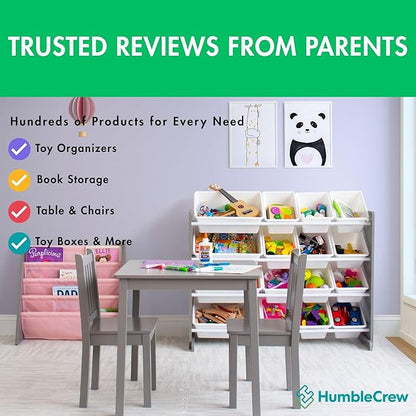 Humble Crew 4-Tier Kids Bookshelf, Grey Wood/Pink - Premium Book Shelf for Kids Rooms with Four Deep Pockets - Toddler Sling Book Rack with Deep Sleeves, Nursery Bookcase Organizer