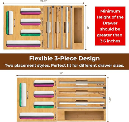 9-in-1 Bamboo Kitchen Drawer Organizer - Storage Bag Holder with Built-In Foil & Wrap Cutter Dispenser - Wooden Food Storage Bag Organizer for Gallon, Quart, Sandwich and Snack Sizes