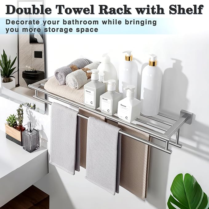 Alise Towel Rack,Towel Holder Towel Shelf with Double Towel Bars for Bathroom Lavatory,SUS 304 Stainless Steel Wall Mount Towel Hanger Storage,32 Inch Brushed Nickel