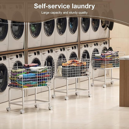 Wire Laundry Hamper Cart,80L Laundry Hamper Trolley with Pull Handle,White High Laundry Basket Cart for Laundry Room,Bathroom,Bedroom-White（23.6 * 15.75 * 28inch）
