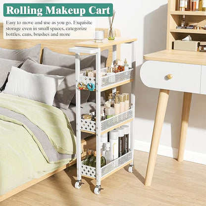 Giwil 4-Tier Slim Rolling Storage Cart for Kitchen Bathroom Organizer, Mobile Narrow Storage Cabinet Utility Cart with Wood Rack on Wheels for Pantry Laundry Small Space, White