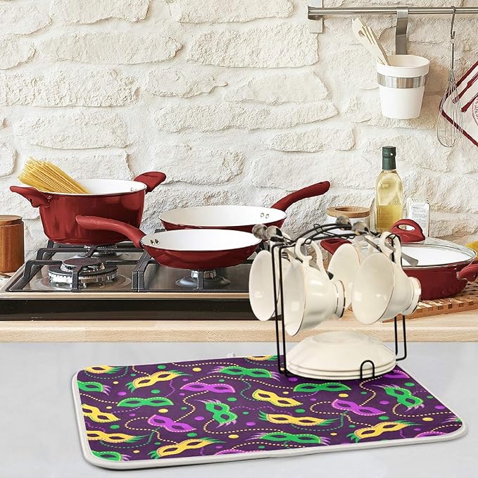 ZzWwR Colors Mardi Gras Carnival Absorbent Dish Drying Mat, 16 x 18 Inches Microfiber Kitchen Countertop Table Protector Multi-purpose Counter Rack Sink Drainer Pad