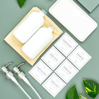 Vine Creations Glass Soap Dispenser, 2 Pack Kitchen Soap Dispenser Set with Ceramic Tray, Stainless Steel Pump, Dish Soap and Hand Soap Dispensers for Bathroom or Kitchen Decor with Waterproof Labels