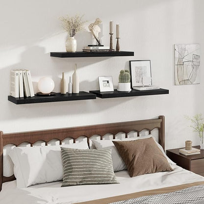 Fun Memories Deep Floating Shelves, 32W x 12D Black Wall Shelves, 32 Long Rustic Wood Wide Storage Shelves for Bedroom, Kitchen, Farmhouse, Laundry Room, Bedroom, Kitchen, Home Office- Set of 3