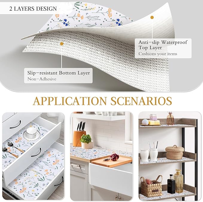 Beautysaid Shelf and Drawer Liner for Kitchen Cabinet, Non Adhesive Non Slip Shelf Paper Waterproof Washable Thickened for Dresser Pantry Shelve Bathroom Protector Liner(Floral,18 in x 10 FT)