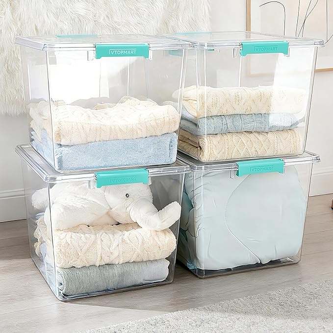 Vtopmart 4 Pack 72 QT Crystal Clear Storage Bins with Lids, 4 Pack Stackable Plastic Large Latching Boxes Totes Tubs Container for Closet Organizers and Storage, Bedroom, Clothes, Toys, Bedding
